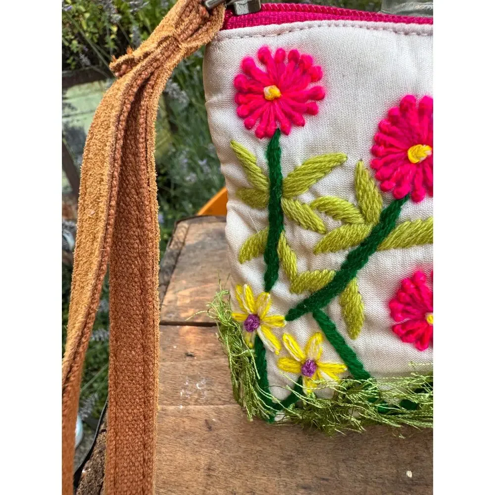 Embroidered Flower Clutch 8.5 x 5 inches wristlet strap small travel bag